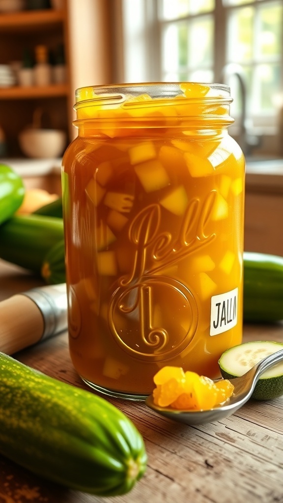 A jar of zucchini jam with fresh zucchini on a wooden table, showcasing a colorful spread.